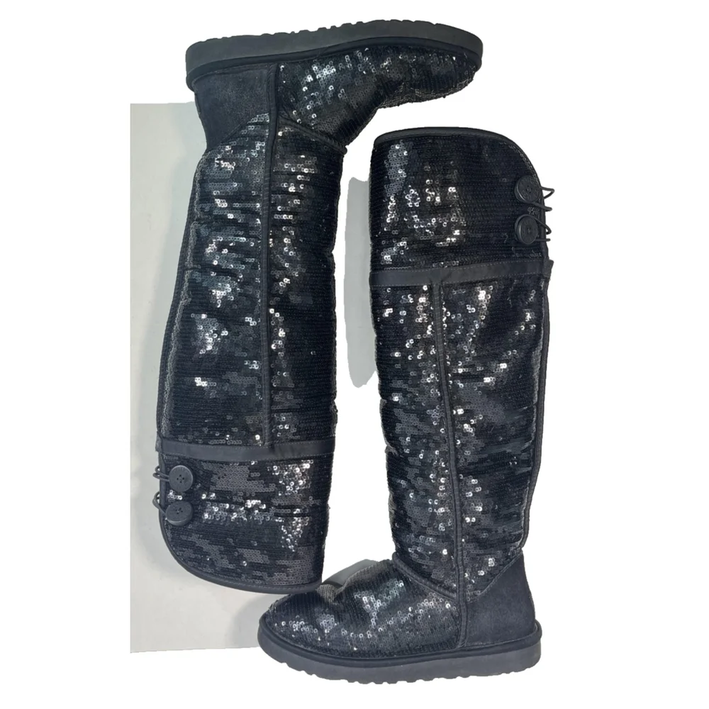 UGG Black Tall Over Knee High Sequin Shearling Button‎ Boots Womens Size 7 Rare